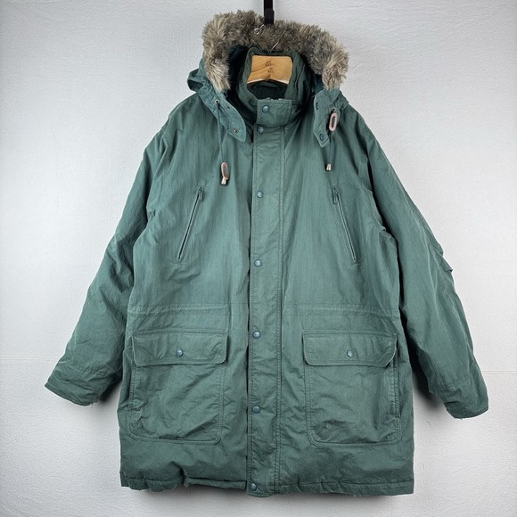 90's Vtg L.L. Bean Men's L Goose Down Faux Fur Hooded Parka Puffer Jacket Green